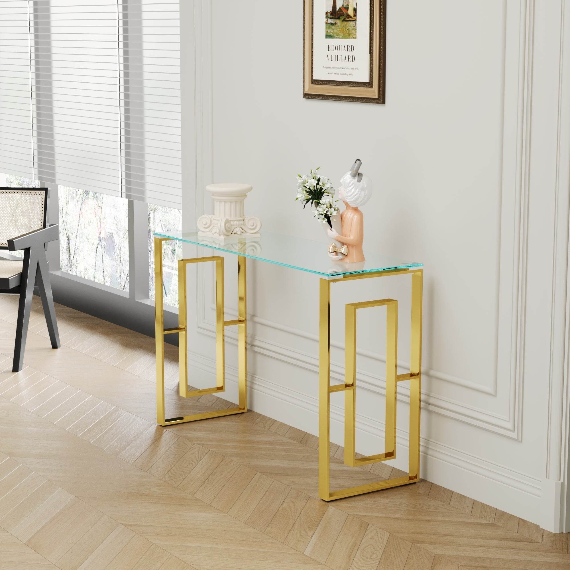 MLNshops Gold Stainless Steel Console Table with Glass Top
