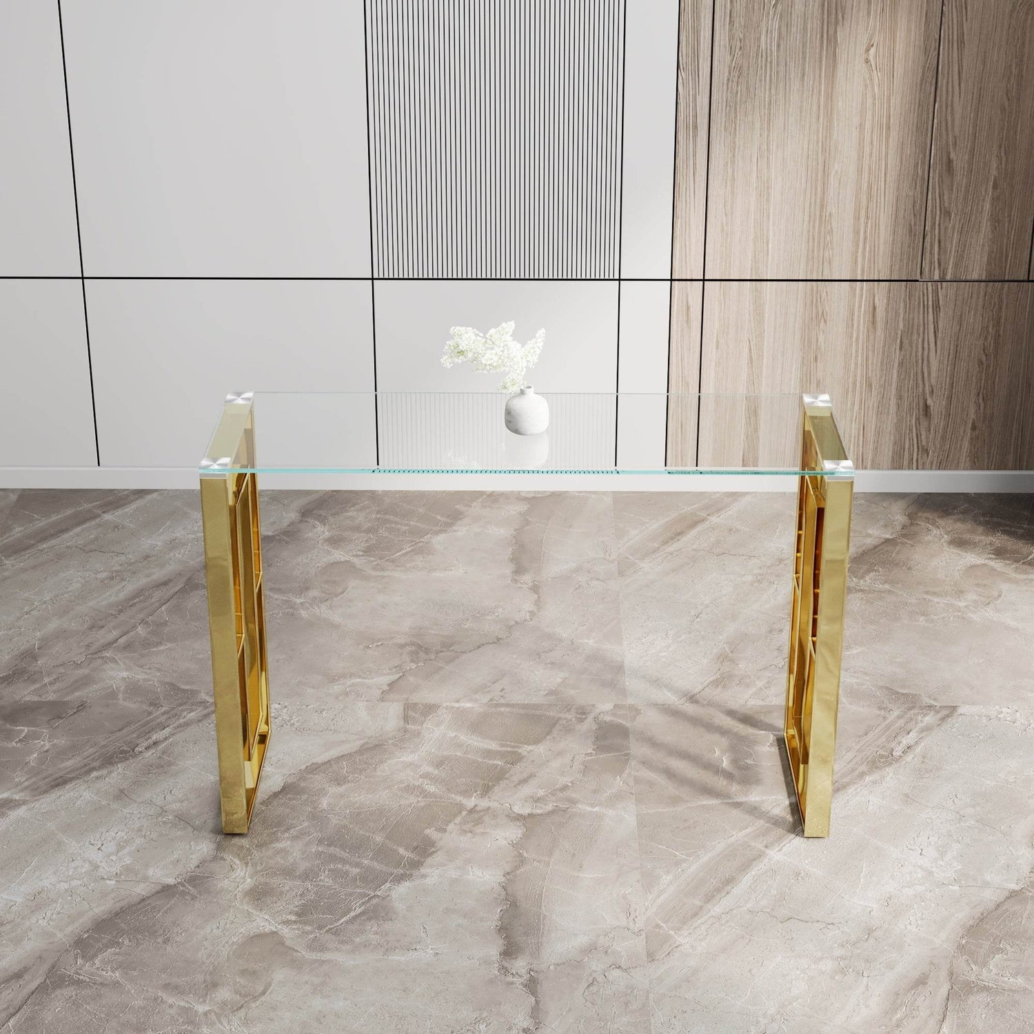 MLNshops Gold Stainless Steel Console Table with Glass Top