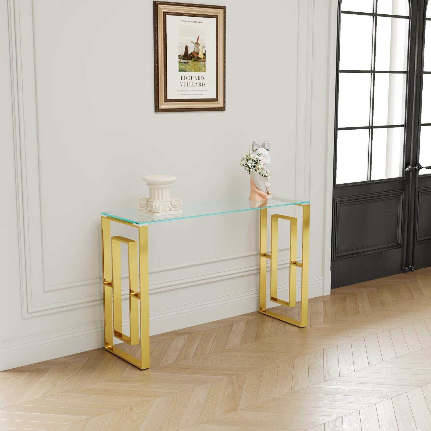 MLNshops Gold Stainless Steel Console Table with Glass Top