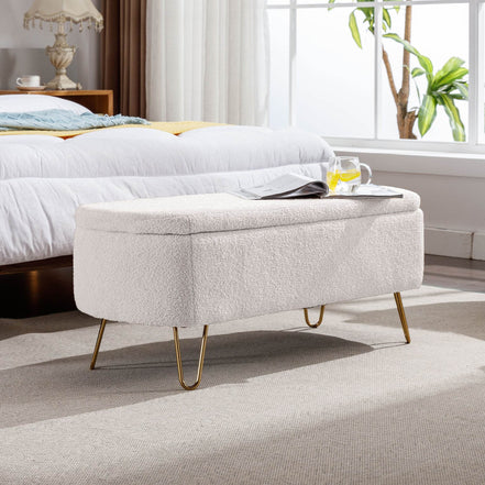 MLNshops Ivory White Storage Ottoman Bench with Gold Legs Default