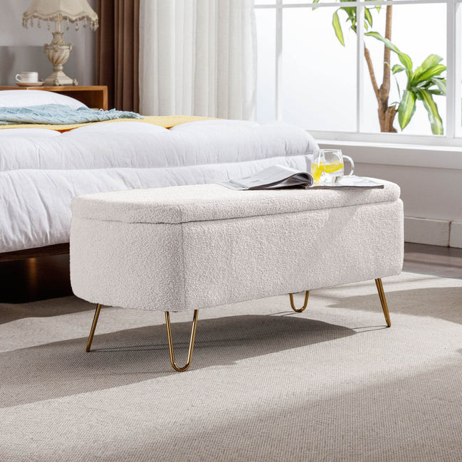 MLNshops Ivory White Storage Ottoman Bench with Gold Legs Default