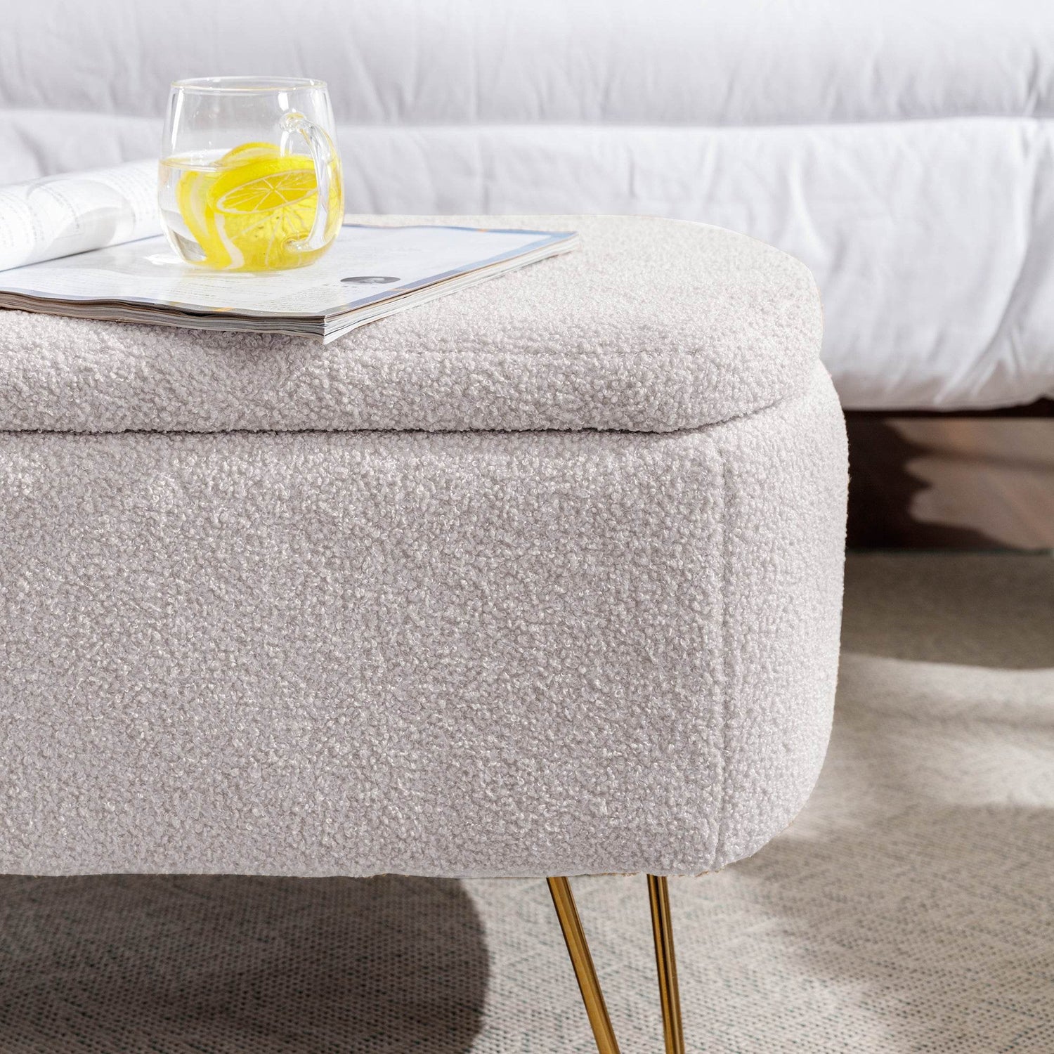 MLNshops Ivory White Storage Ottoman Bench with Gold Legs