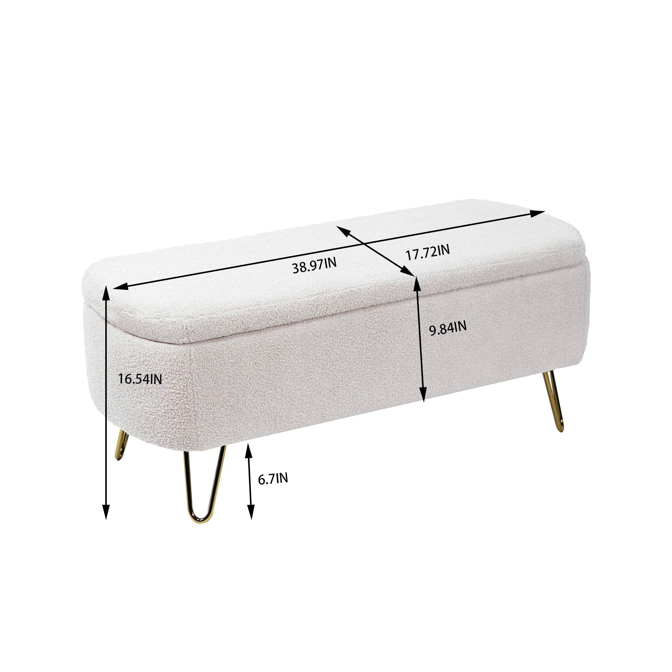 MLNshops Ivory White Storage Ottoman Bench with Gold Legs