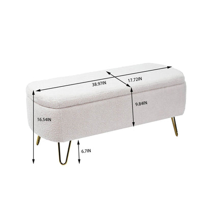 MLNshops Ivory White Storage Ottoman Bench with Gold Legs - MLNshops