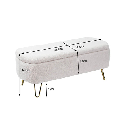 MLNshops Ivory White Storage Ottoman Bench with Gold Legs