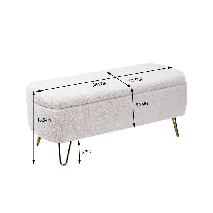 MLNshops Ivory White Storage Ottoman Bench with Gold Legs