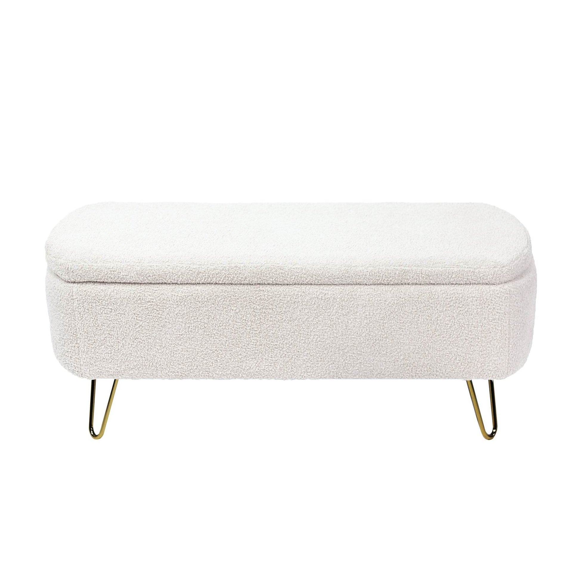 MLNshops Ivory White Storage Ottoman Bench with Gold Legs - MLNshops
