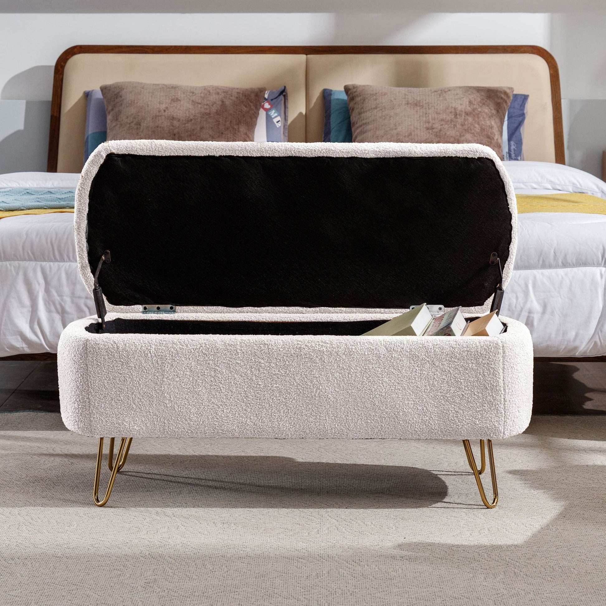 MLNshops Ivory White Storage Ottoman Bench with Gold Legs - MLNshops