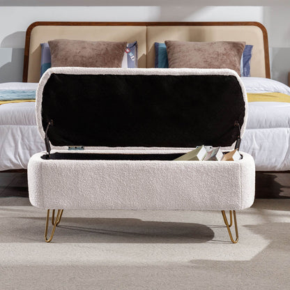 MLNshops Ivory White Storage Ottoman Bench with Gold Legs - MLNshops