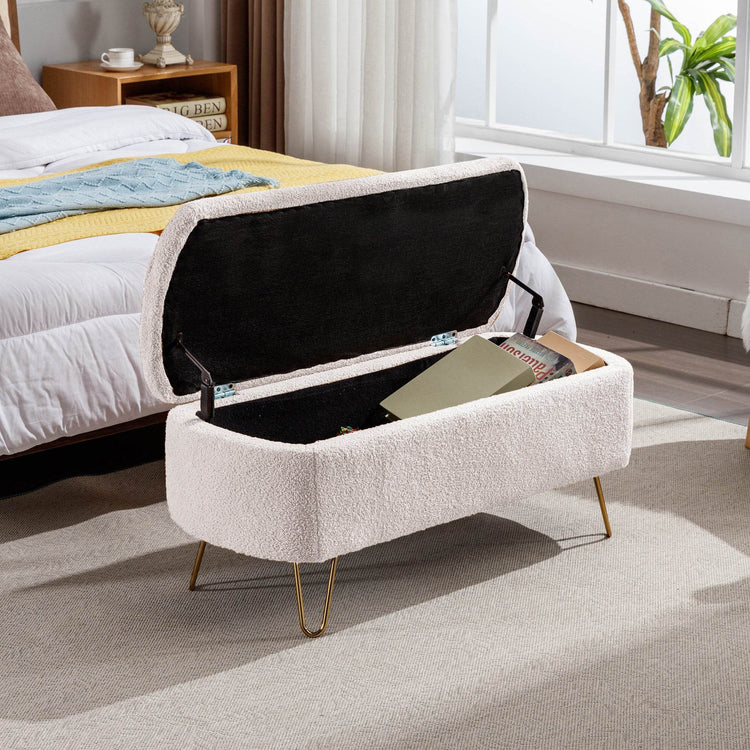 MLNshops Ivory White Storage Ottoman Bench with Gold Legs