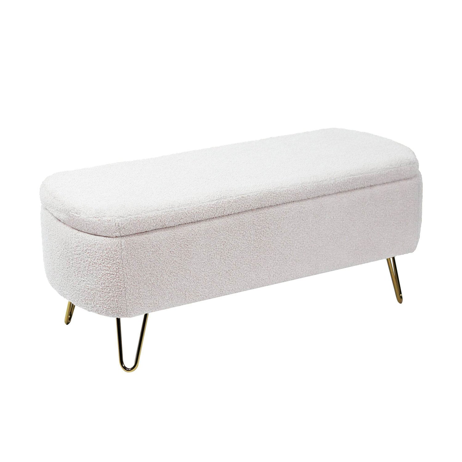 MLNshops Ivory White Storage Ottoman Bench with Gold Legs