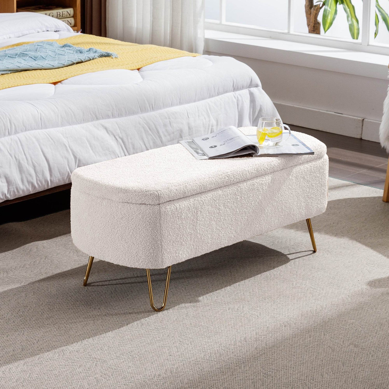 MLNshops Ivory White Storage Ottoman Bench with Gold Legs