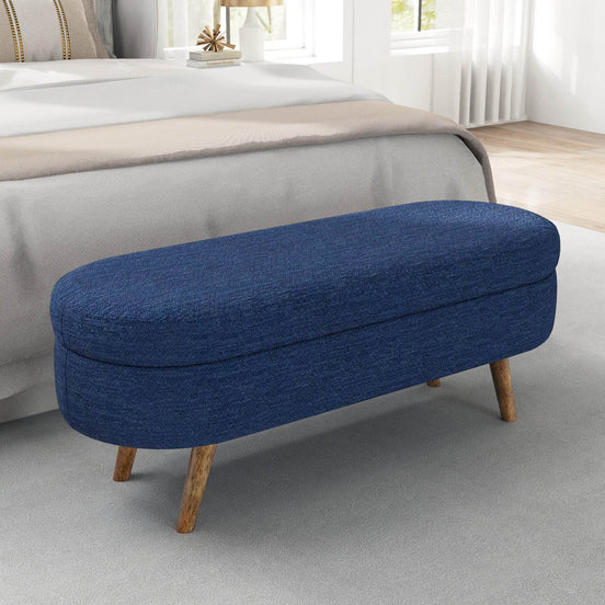 Oval Ottoman Bench with Storage - Blue Fabric