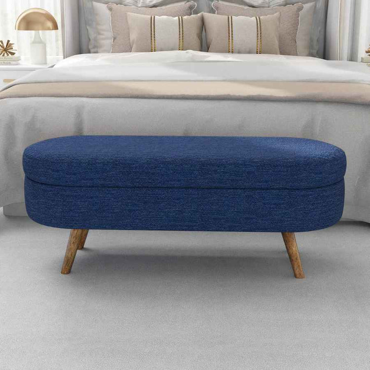 Oval Ottoman Bench with Storage - Blue Fabric