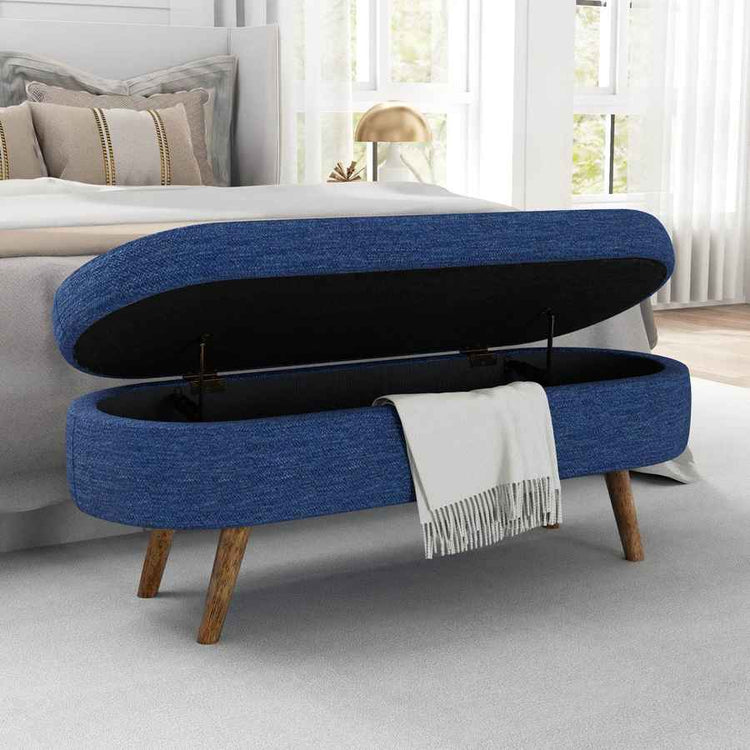 Oval Ottoman Bench with Storage - Blue Fabric