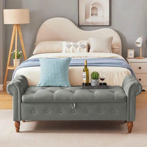 MLNshops Velvet Bedroom Storage Bench with Rolled Sides Grey