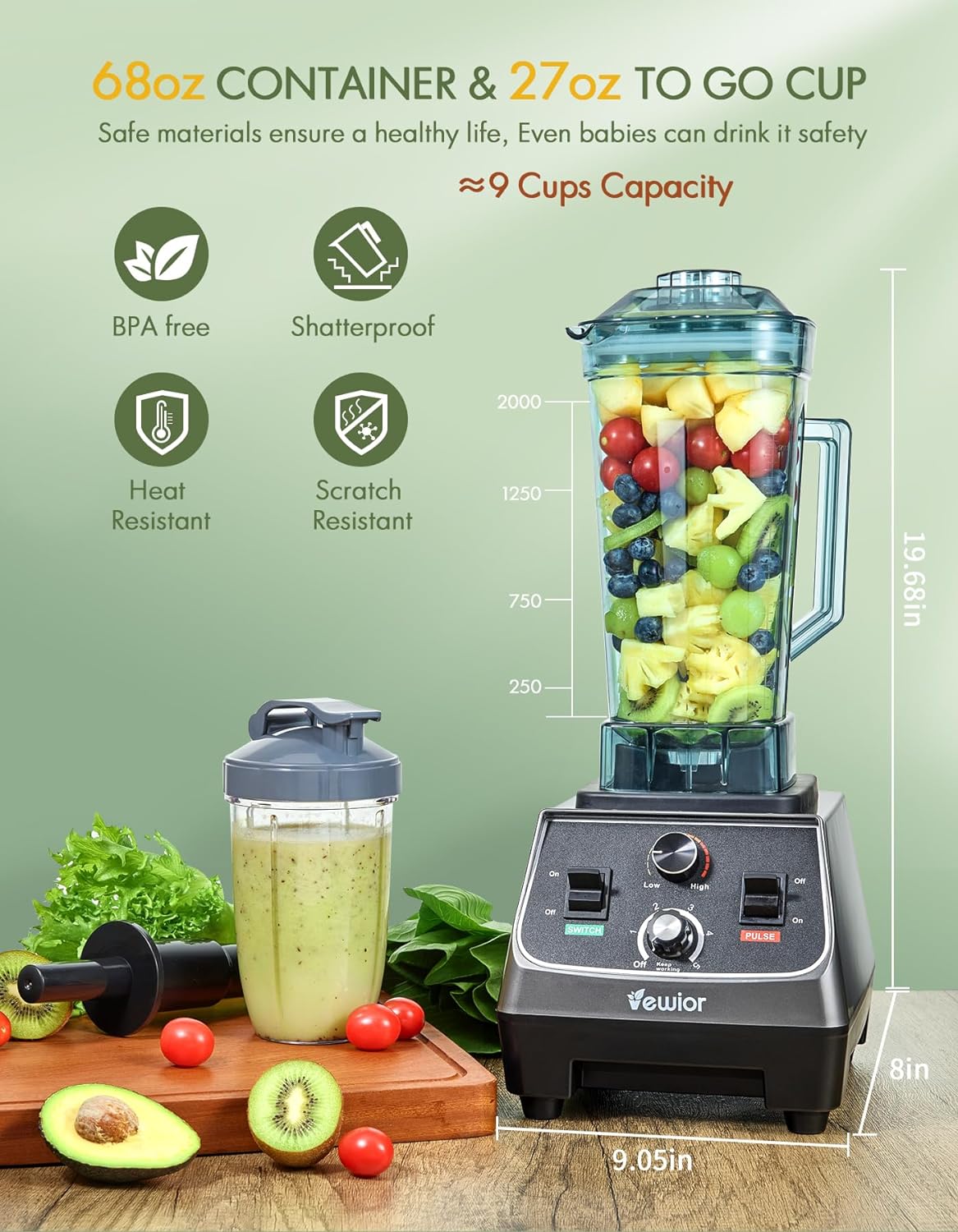 VEWIOR 2200W Blenders for Kitchen, Professional Blender with 68oz Tritan Container & 27oz To-Go Cup, Countertop Blender for Shakes and Smoothies MLNshops]