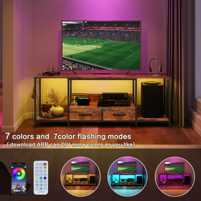 MLNshops modern TV stand with LED lights and power outlets.