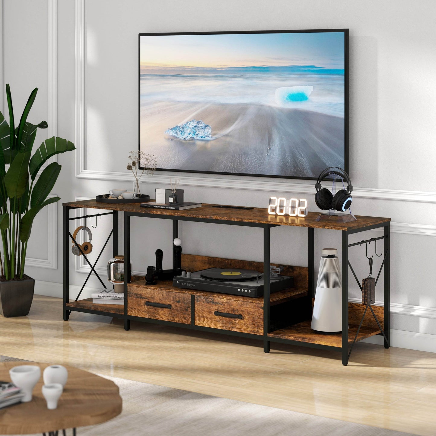 MLNshops modern TV stand with LED lights and power outlets.