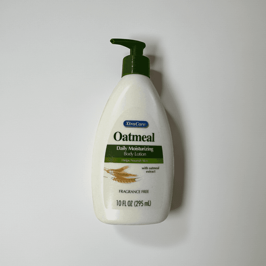 Oatmeal body lotion bottle with pump on a white background