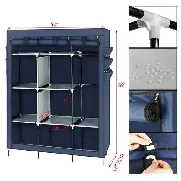 MLNshops 69 Inch Cloth Wardrobe - Dark Blue Organizer
