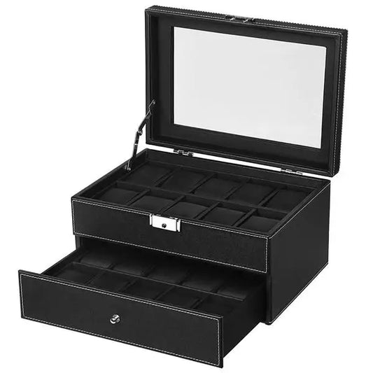 Watch Box 20 Mens Case Glass Top Display Organizer Lockable Black MLNshops]