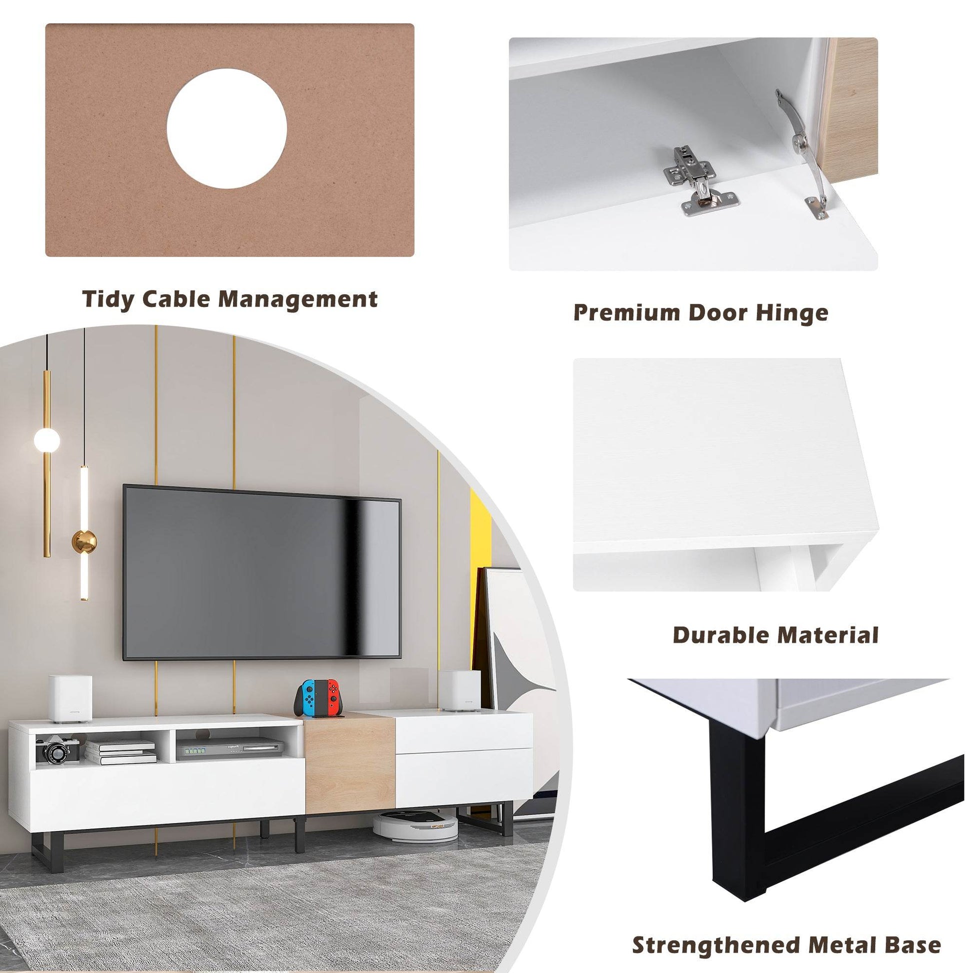 White Wood TV Stand with Double Storage - Modern Media
