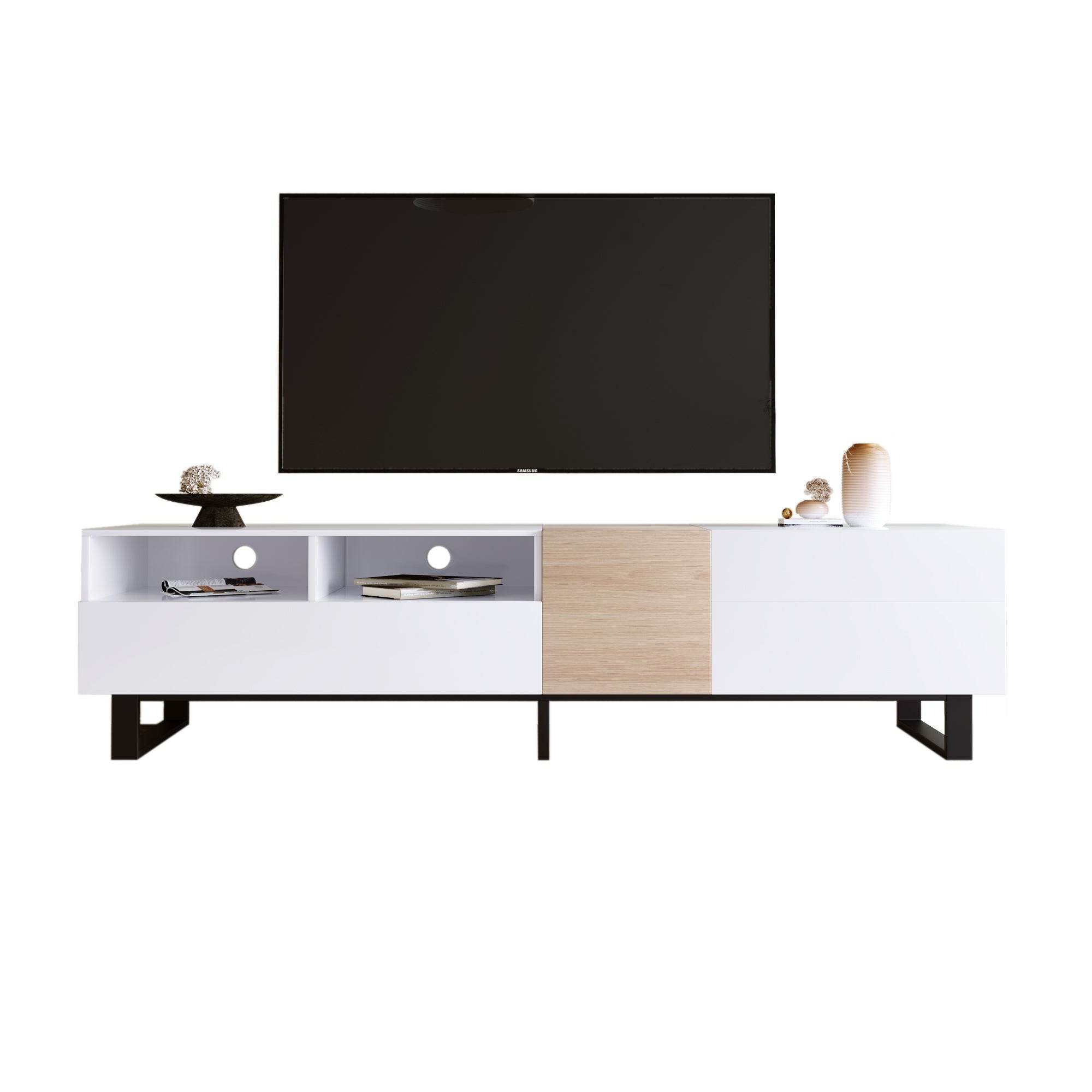 White Wood TV Stand with Double Storage - Modern Media