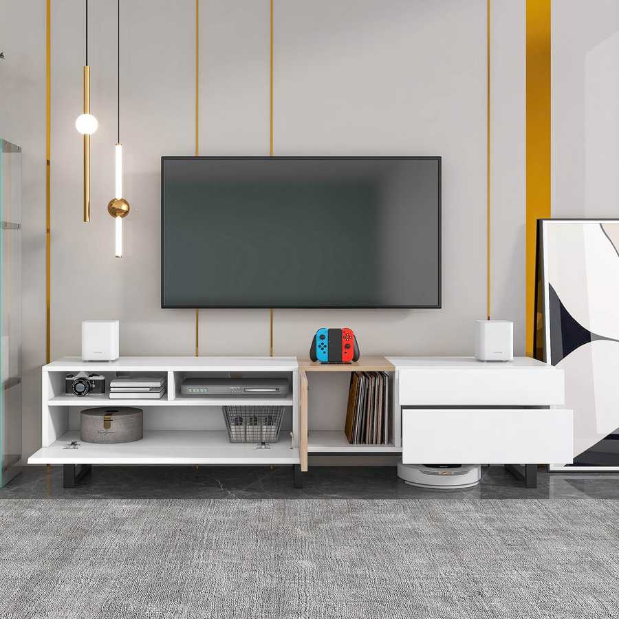 White Wood TV Stand with Double Storage - Modern Media
