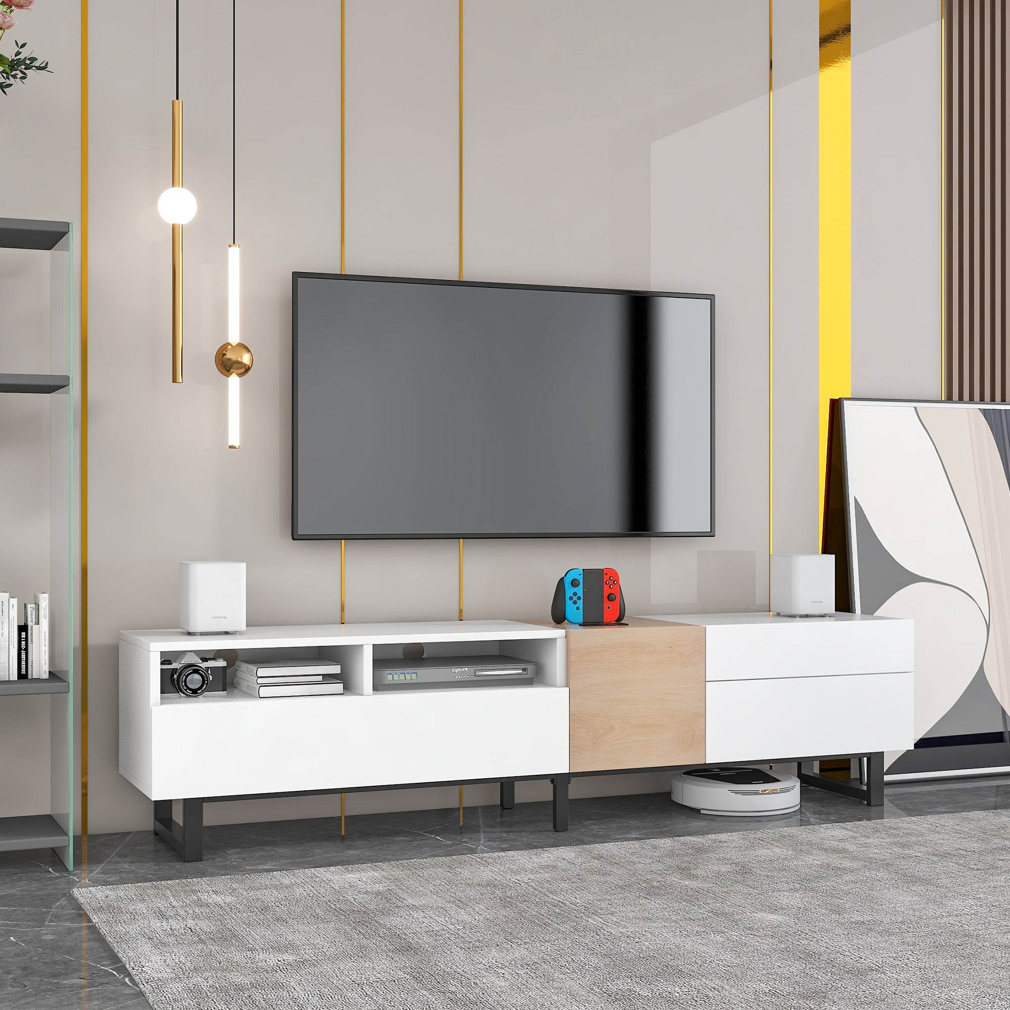 White Wood TV Stand with Double Storage - Modern Media