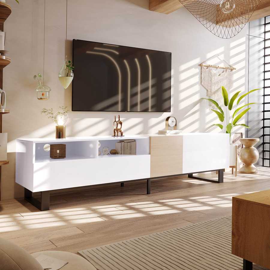 White Wood TV Stand with Double Storage - Modern Media Default