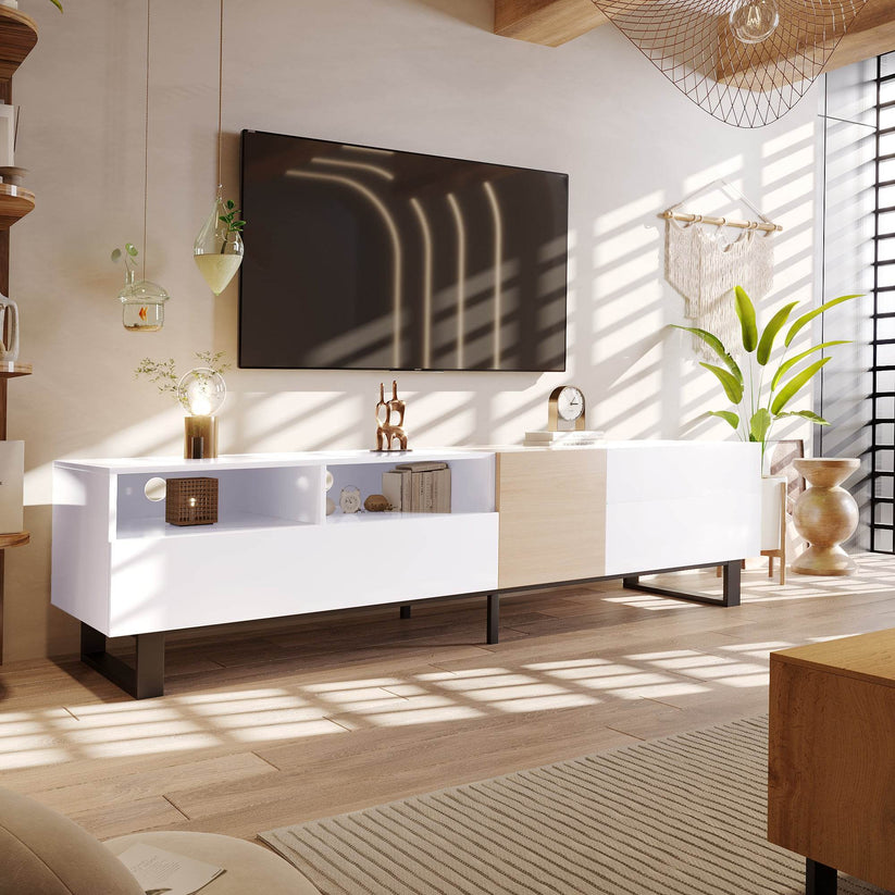 White and wood TV cabinet with double storage modern design