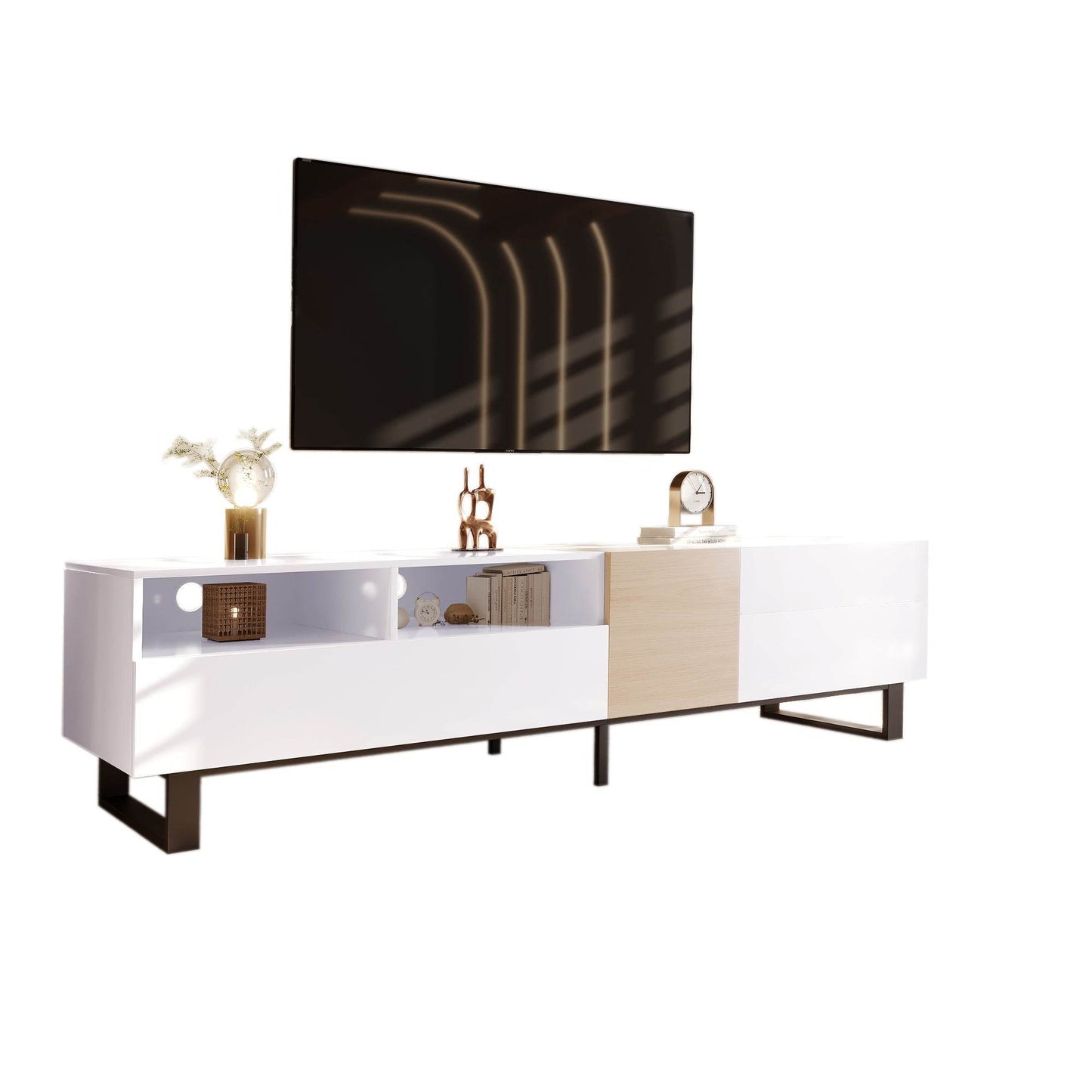 White Wood TV Stand with Double Storage - Modern Media