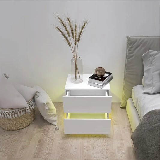 White Color High Glossy 2 Drawers Bedside Table with RGB Led Light Nightstand with Bluetooth Control MLNshops]