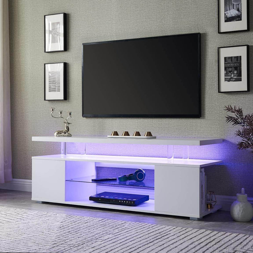 White LED gaming entertainment center with open storage design