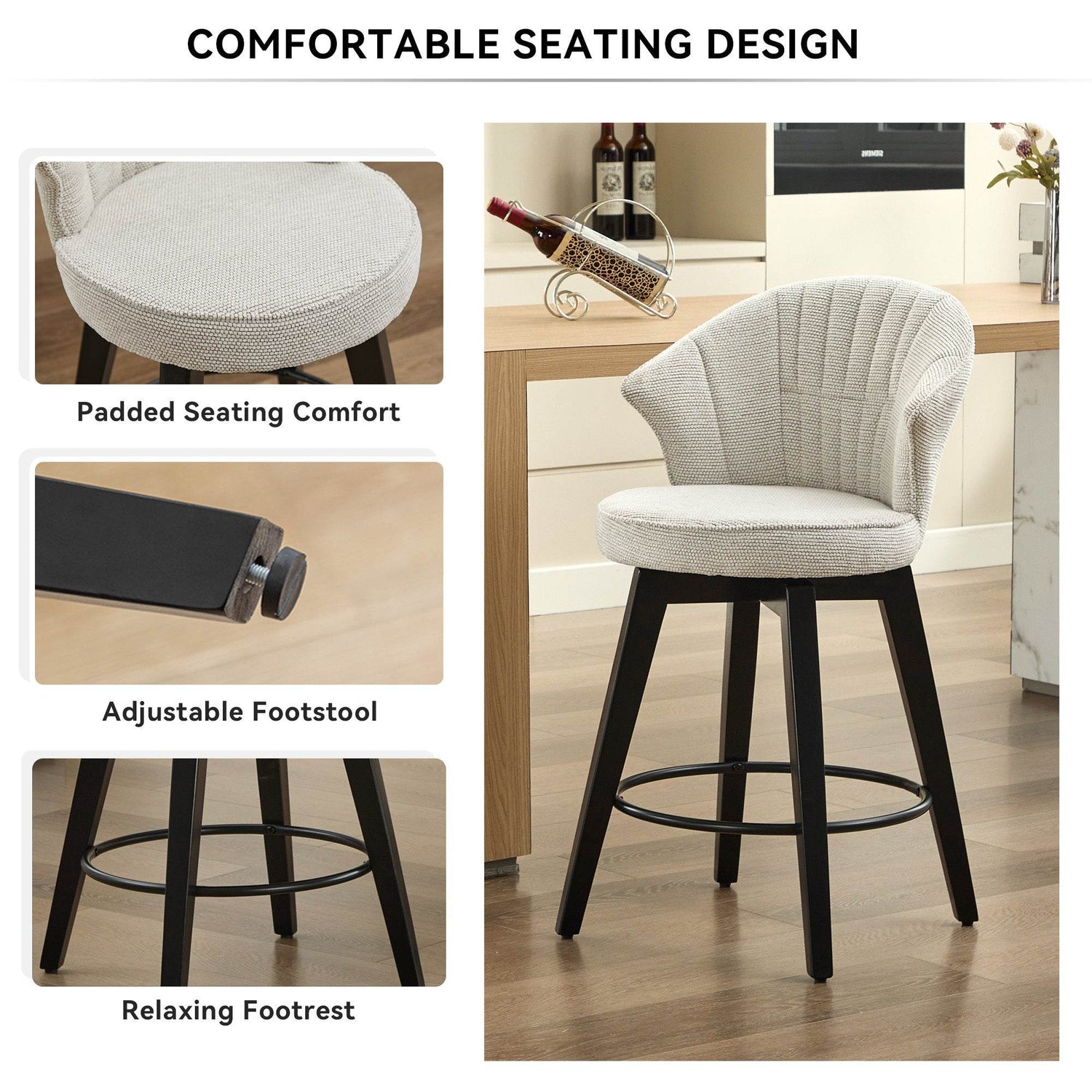 MLNshops White Swivel Bar Stools Set of 2 with Cushion
