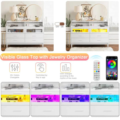 White Wood Tempered Glass Drawer Dresser with LED Light Strips & Charging Station & USB Ports Bed Table MLNshops]