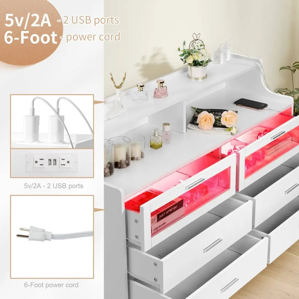 White Wood Tempered Glass Drawer Dresser with LED Light Strips & Charging Station & USB Ports Bed Table MLNshops]