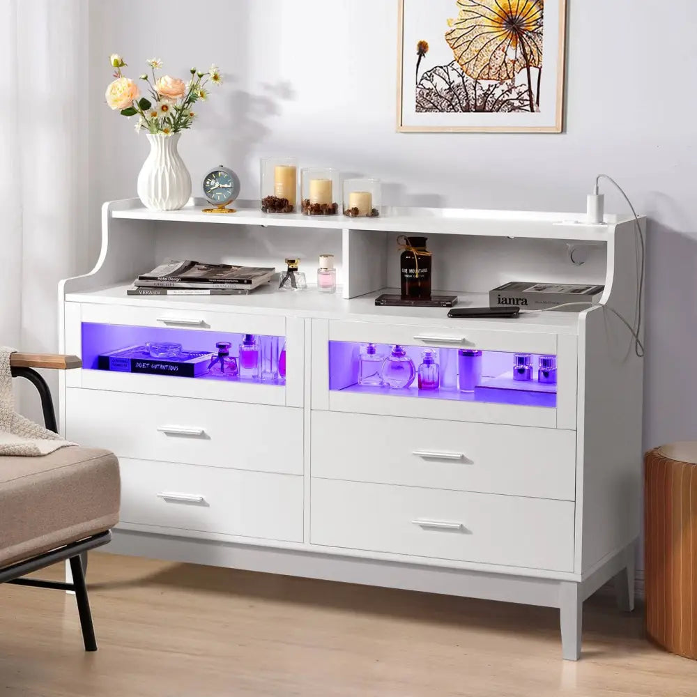 White Wood Tempered Glass Drawer Dresser with LED Light Strips & Charging Station & USB Ports Bed Table MLNshops]