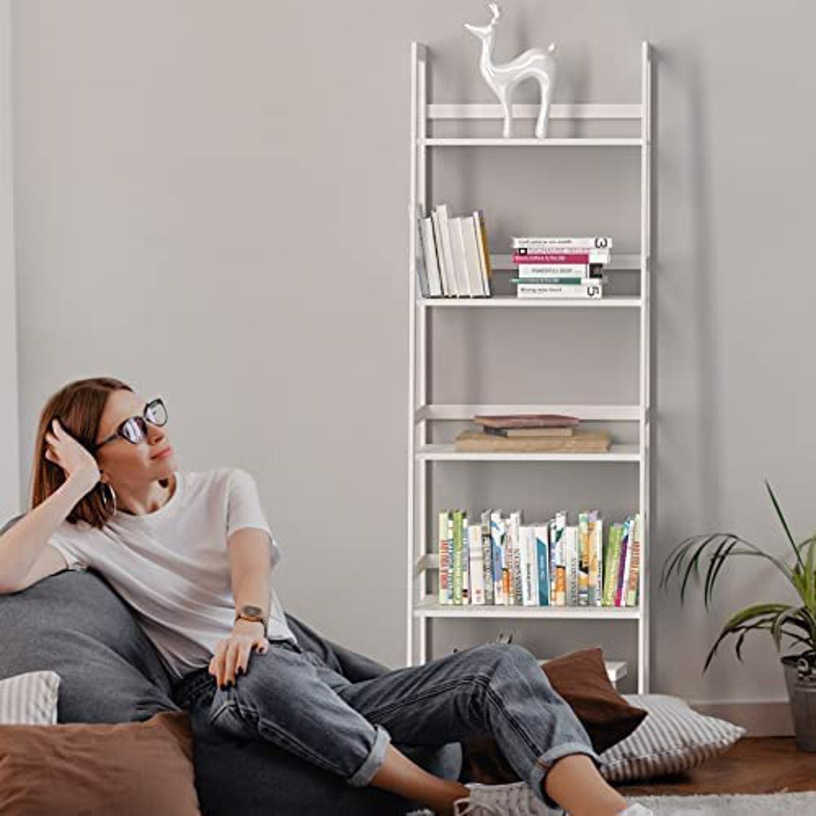 WTZ Bookshelf, Ladder Shelf, 5 Tier Bamboo Bookcase, Modern Open Book Case for Bedroom, Living Room, Office, BC-238 White MLNshops]