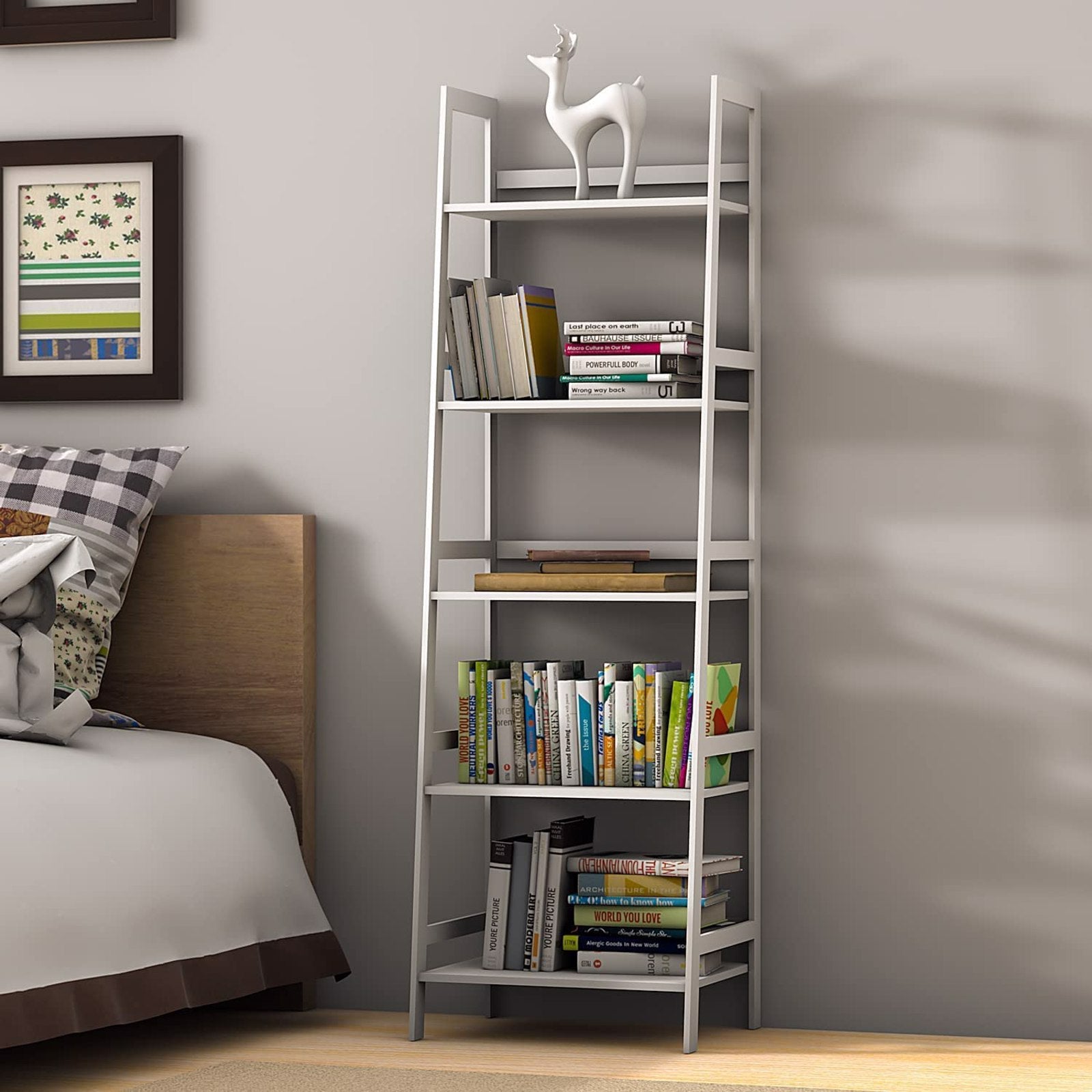 WTZ Bookshelf, Ladder Shelf, 5 Tier Bamboo Bookcase, Modern Open Book Case for Bedroom, Living Room, Office, BC-238 White MLNshops]