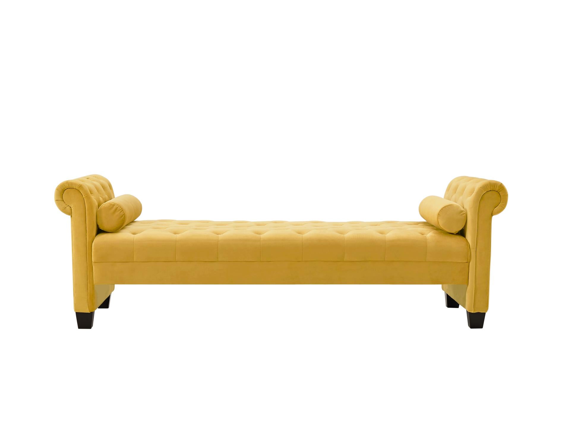 Yellow, Solid Wood Legs Velvet Rectangular Sofa Bench with Attached Cylindrical Pillows MLNshops]