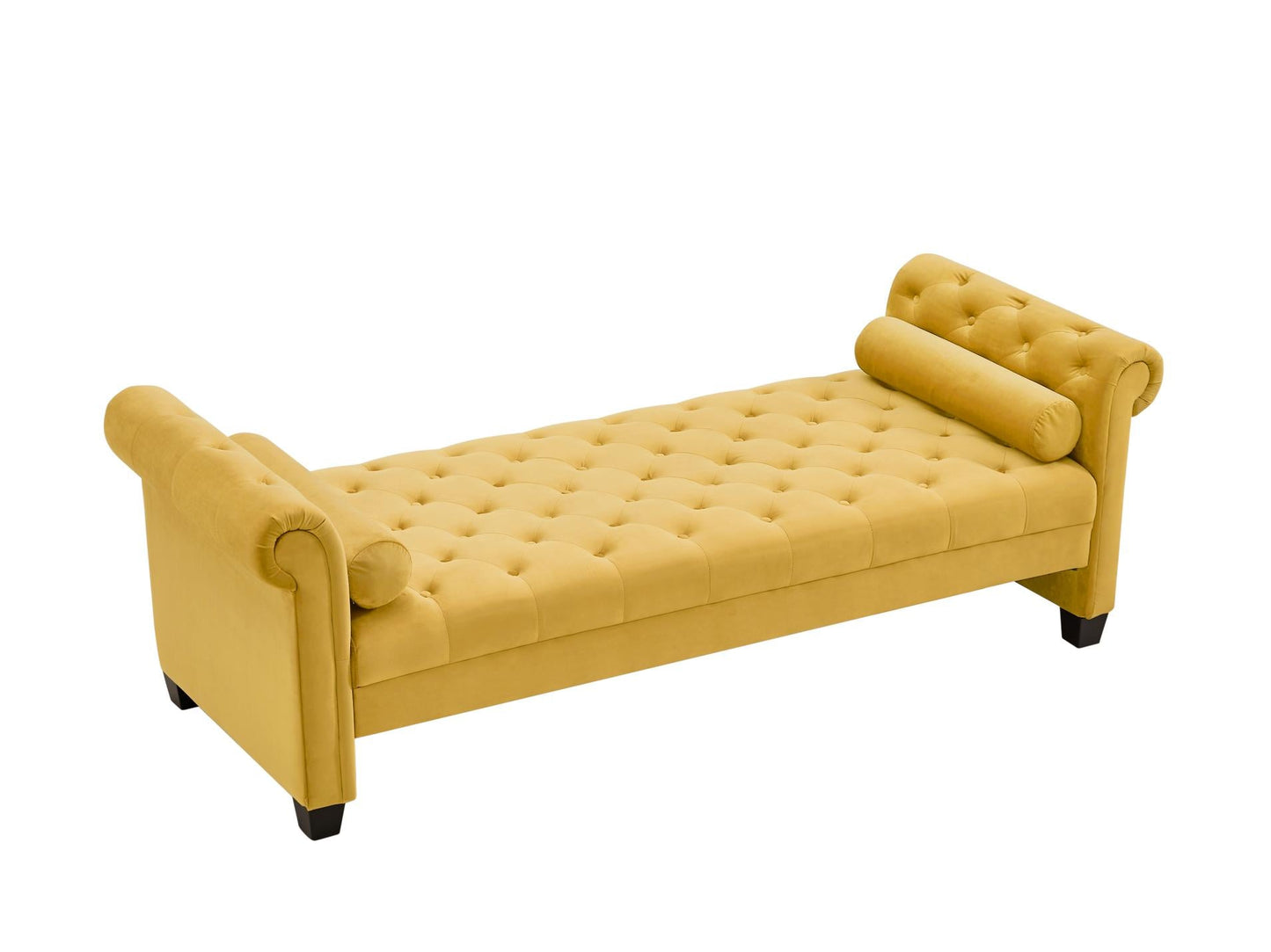 Yellow, Solid Wood Legs Velvet Rectangular Sofa Bench with Attached Cylindrical Pillows MLNshops]