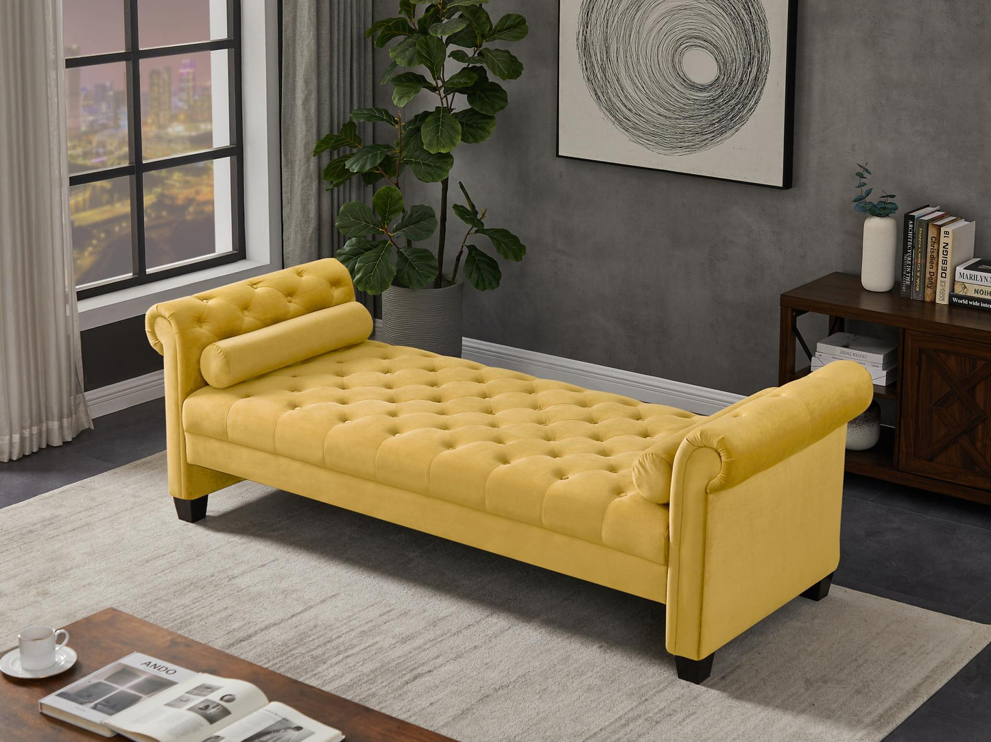 Yellow, Solid Wood Legs Velvet Rectangular Sofa Bench with Attached Cylindrical Pillows MLNshops]