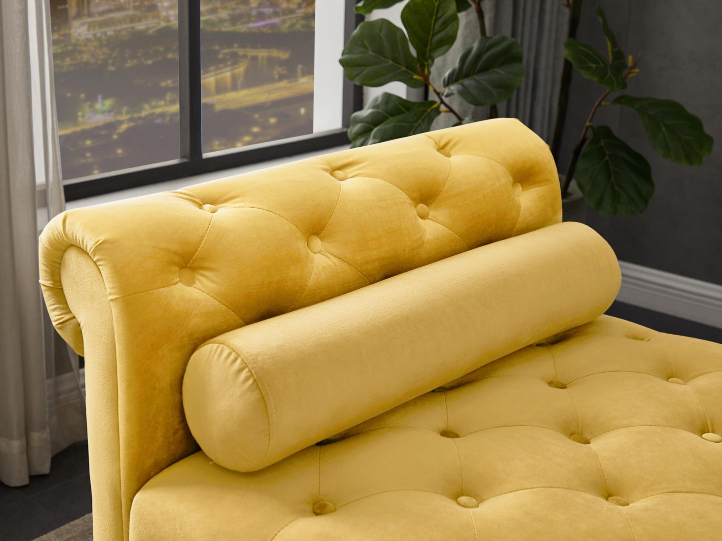 Yellow, Solid Wood Legs Velvet Rectangular Sofa Bench with Attached Cylindrical Pillows MLNshops]