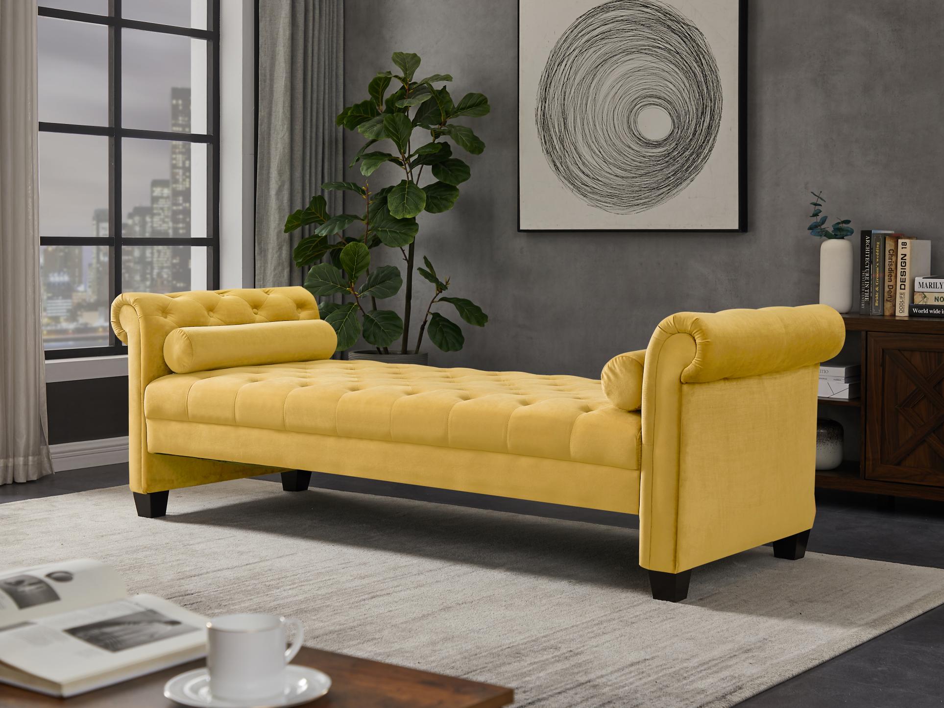 Yellow, Solid Wood Legs Velvet Rectangular Sofa Bench with Attached Cylindrical Pillows MLNshops]