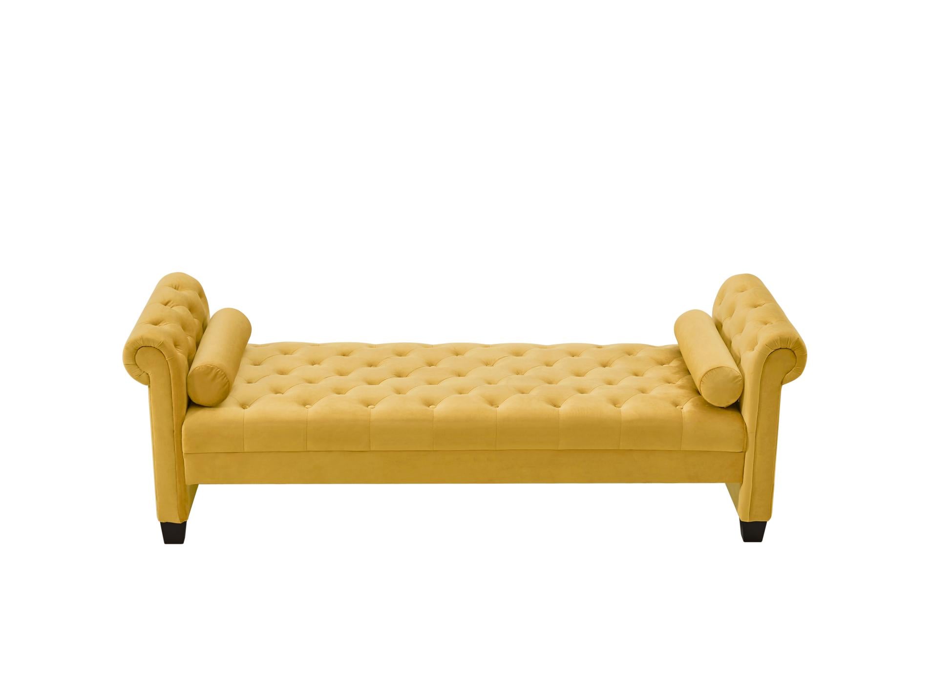 Yellow, Solid Wood Legs Velvet Rectangular Sofa Bench with Attached Cylindrical Pillows MLNshops]