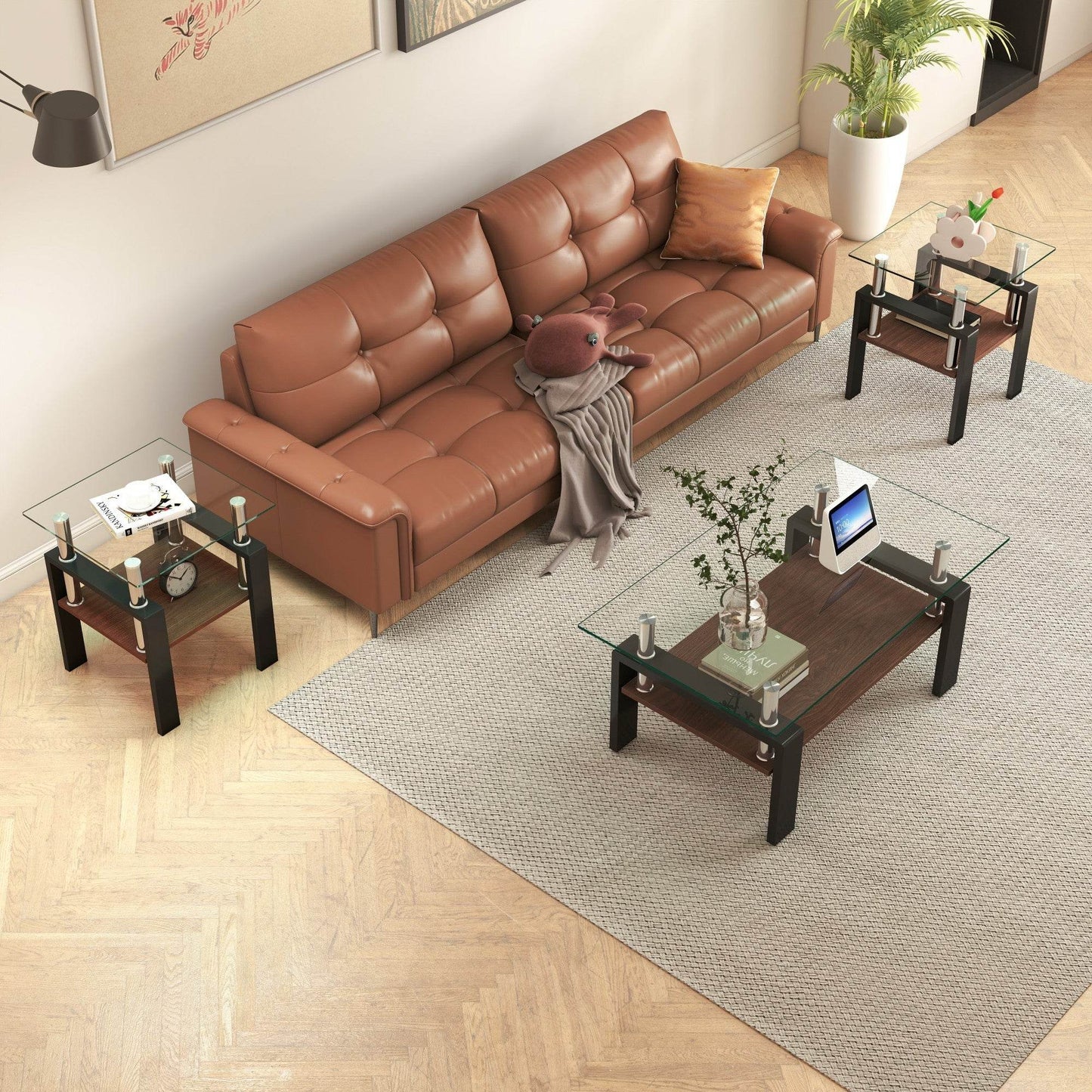 MLNshops modern glass coffee table set - 2pc tempered glass