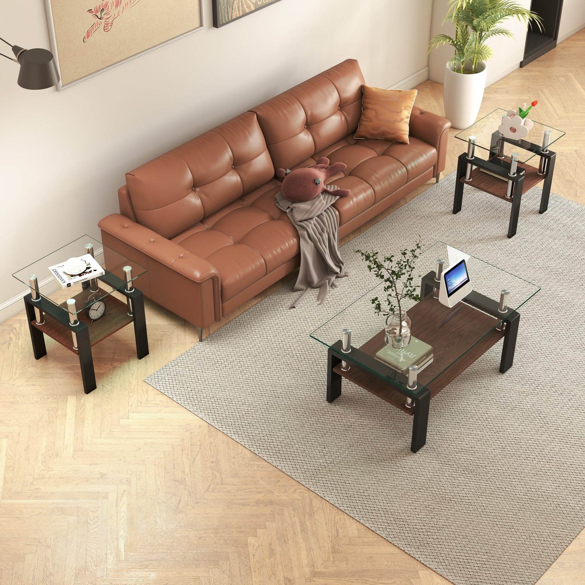 MLNshops modern glass coffee table set - 2pc tempered glass