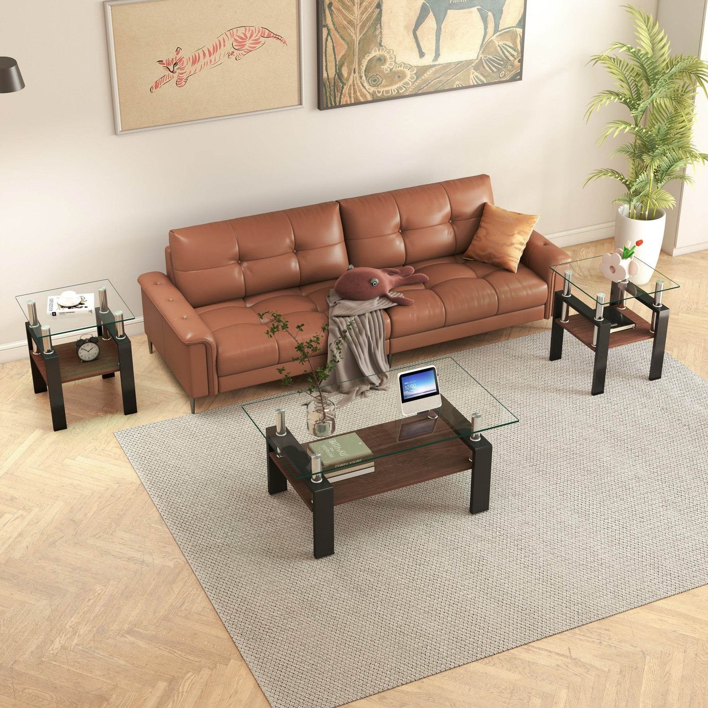 MLNshops modern glass coffee table set - 2pc tempered glass